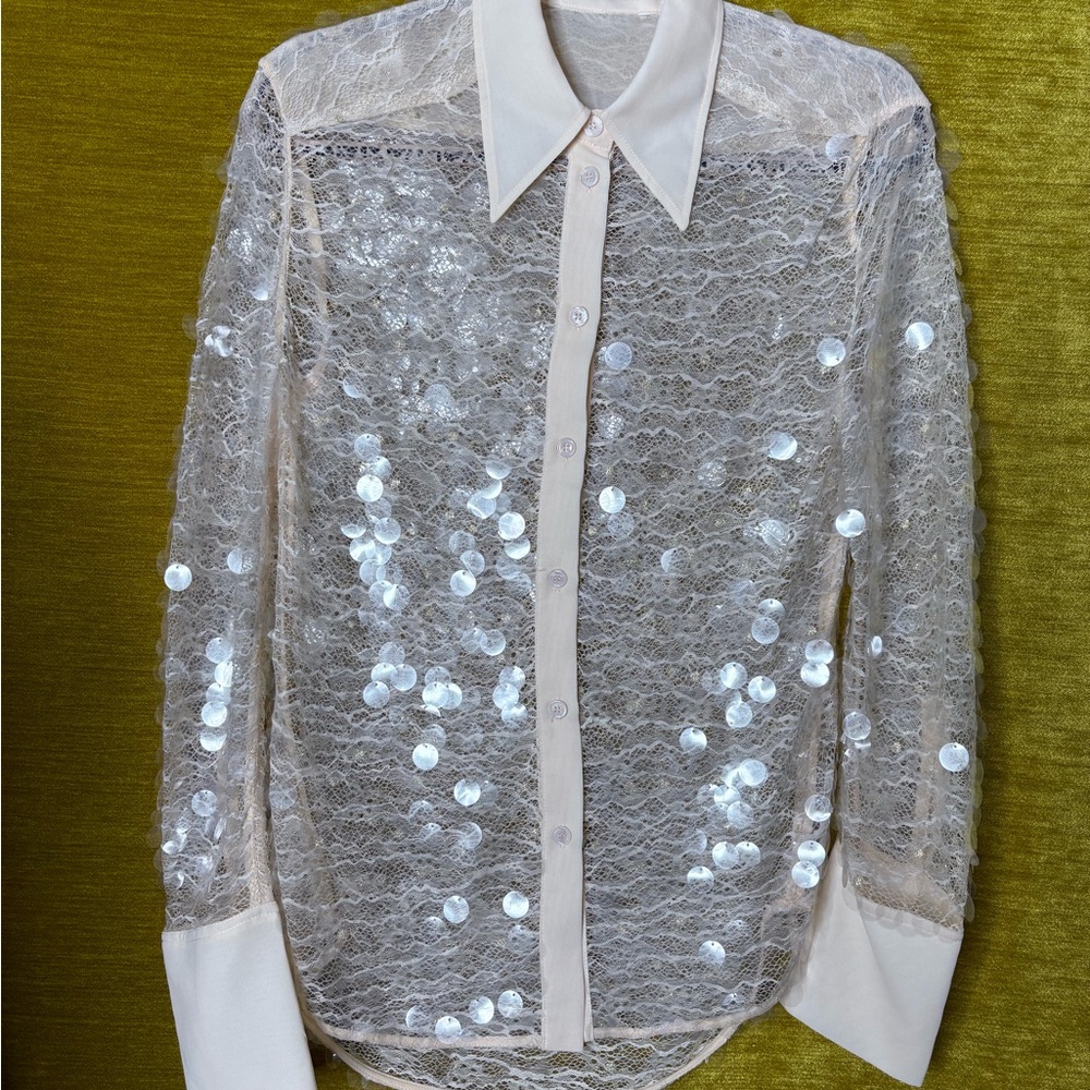 Sequin Lace Button-Up Blouse